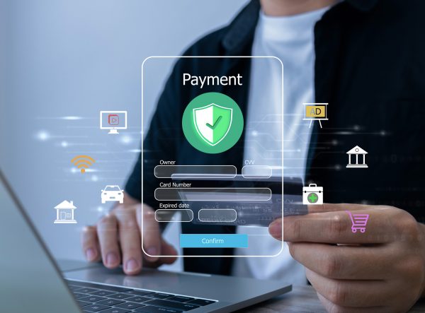 Man using smartphone online shopping and payment via mobile banking apps. financial technology, Digital banking network, internet payment and digital wallet.